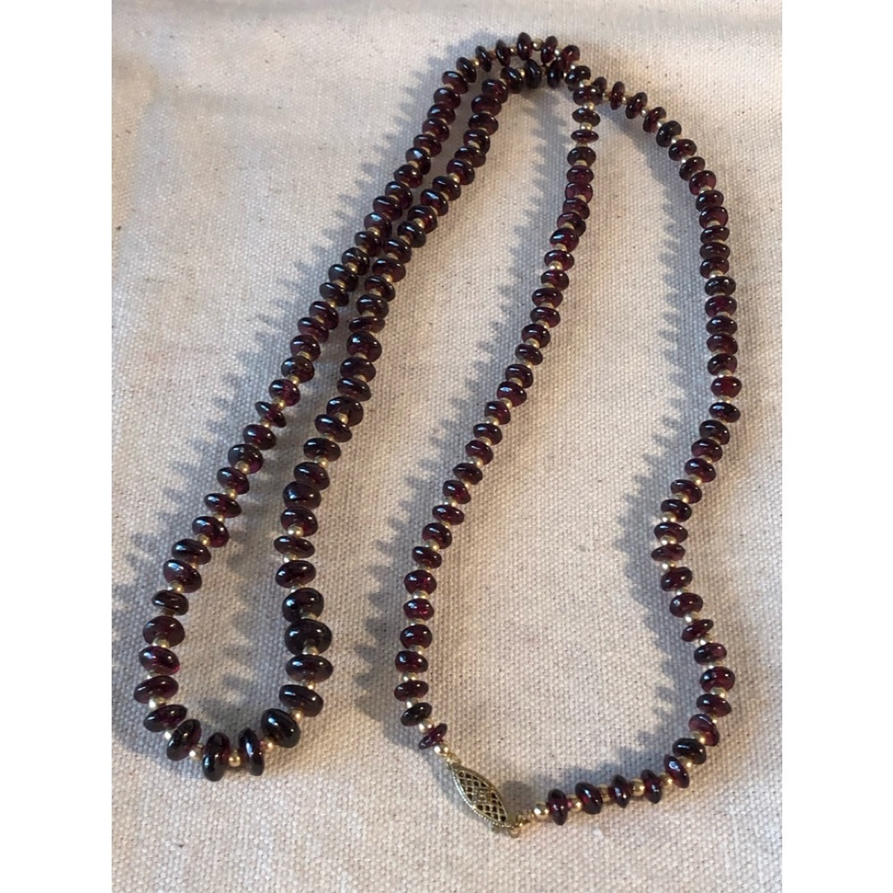 Vintage Garnet Gemstone & Gold Fill Bead & Filigree Clasp 34” Necklace